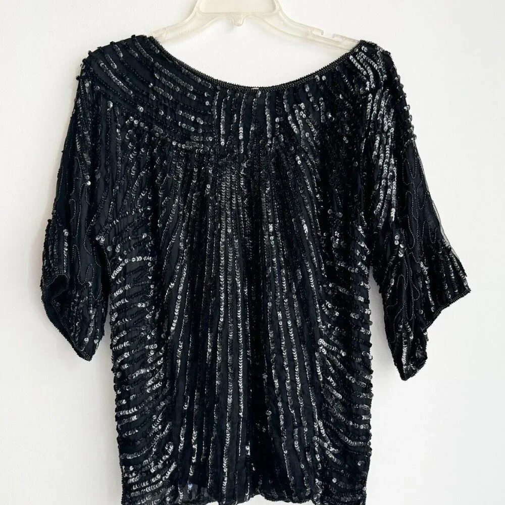 Vintage Frank Usher  Black All Over Sequin Sparkly Half Sleeve Top S